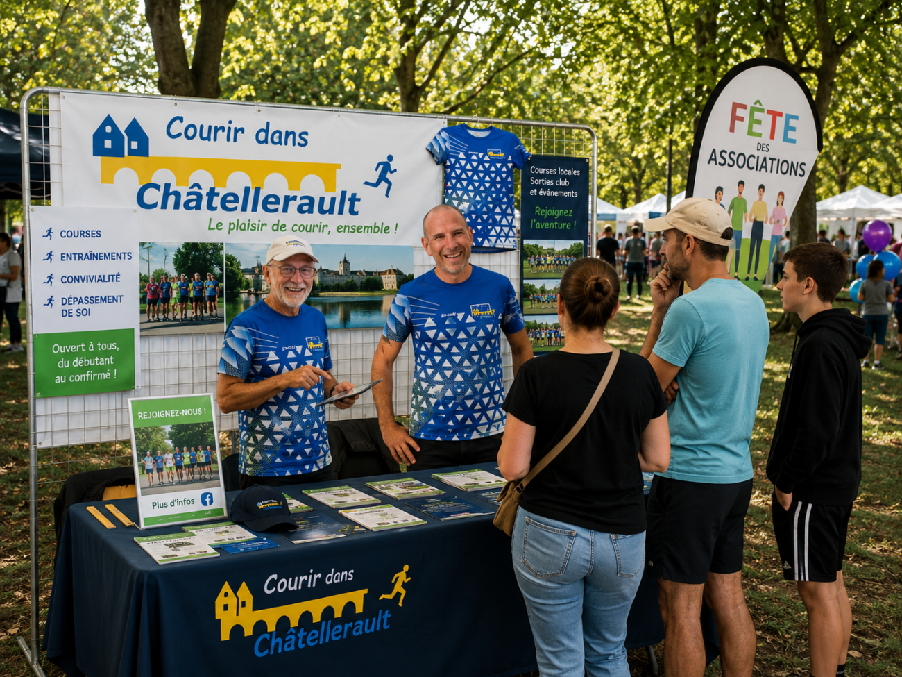 Stand de l'association Courir dans Châtellerault lors de la Fête des Associations, installé dans un parc arboré, avec deux bénévoles accueillant des visiteurs autour d'une table d'information.